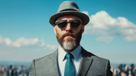 Confident Businessman with Beard and Hat Against Urban Skyline in Bright Blue Sky and Fluffy White Cloudsの素材