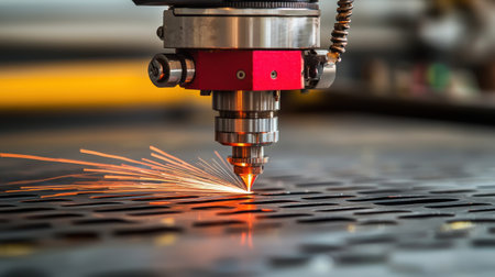 Precision Laser Cutting Process in Action on Metal Sheet with Sparks Flying, Industrial Technology and Manufacturing Backgroundの素材