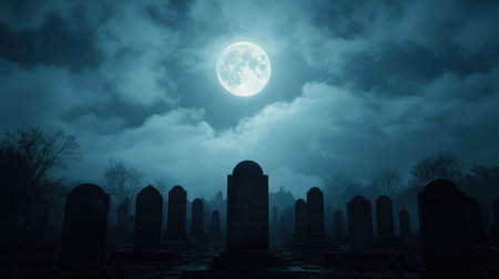 Eerie Graveyard Under a Full Moon with Misty Clouds and Silhouetted Tombstones at Nightの素材