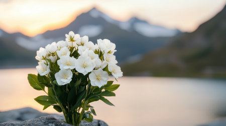 Stunning Bouquet of White Flowers with Scenic Mountains and Calm Waters in Background during Golden Hour, Capturing Nature's Beauty and Tranquilityの素材