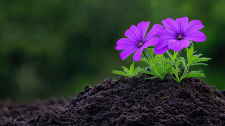 Beautiful vibrant purple flowers blooming from rich dark soil against a blurred green nature background creating a serene garden atmosphereの素材