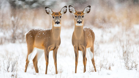 Two Whitetail Fawns in Snowy Landscape with Soft Light and Gentle Snowfall Capturing a Tender Moment of Wildlife in Their Natural Habitatの素材