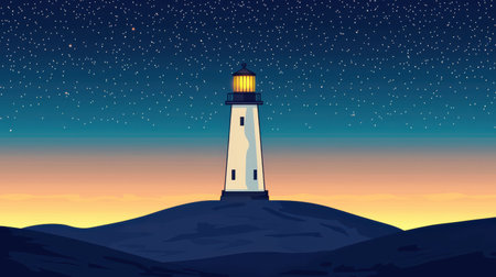 Majestic Lighthouse Illuminated by Stars at Night with Vibrant Sunset Sky and Rolling Hills in a Calm Coastal Landscapeの素材