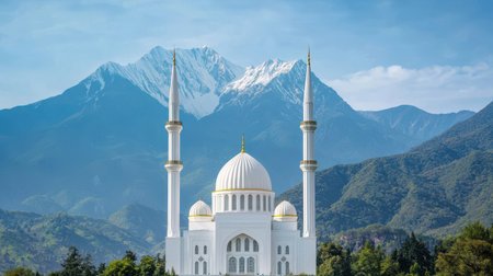 Majestic white mosque with minarets and dome surrounded by lush greenery and snow-capped mountains under a bright blue sky in a tranquil landscapeの素材