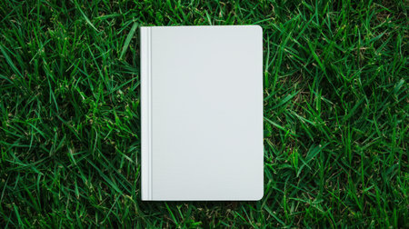 Blank Notebook Laying on Fresh Green Grass Ideal for Nature Photography and Creative Inspiration, Perfect for Journaling, Doodles, and Writing Ideasの素材