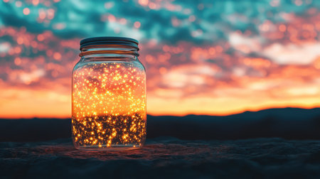 Magical glass jar filled with glowing light particles against a beautiful sunset sky with vibrant colors and soft clouds in the backgroundの素材