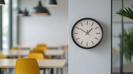 Modern office interior featuring a stylish wall clock, minimalist design with yellow chairs, bright spaces, and contemporary decor for productivity and creativityの素材