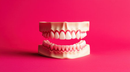 Realistic dental model displaying upper and lower teeth against vibrant pink background for educational and commercial purposes in dental contextの素材