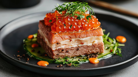 Gourmet Plated Dish with Salmon, Fish Roe, and Green Garnish on a Black Plate Surrounded by Vibrant Sauces and Herbsの素材