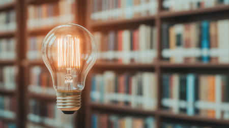 Glowing Light Bulb Hanging in Front of Bookshelf Filled with Colorful Books, Symbolizing Knowledge, Learning, and Creativity in a Cozy Library Atmosphereの素材