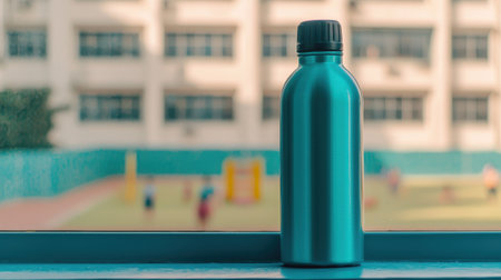 Water Bottle on a Windowsill Overlooking a School Playground with Children Playing in the Background Under Bright Natural Lightの素材