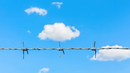 Close-up of Barbed Wire Against Blue Sky with Fluffy Clouds Illustrating Boundaries, Security, and Nature's Beauty in a Serene Outdoor Landscapeの素材