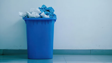 Blue Trash Bin Overflowing with White and Blue Waste Clothes in a Clean Indoor Environmentの素材