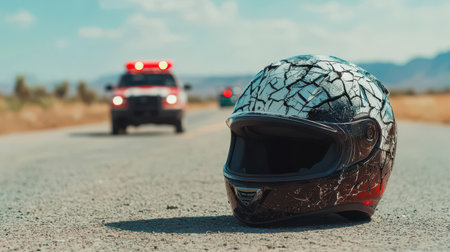 Cracked Motorcycle Helmet on Roadside with Emergency Vehicle in Background Under Bright Sky and Calm Environmentの素材