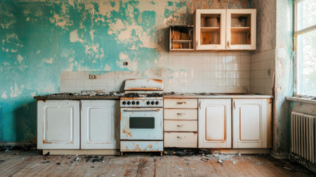 Abandoned and Neglected Kitchen Interior with Peeling Paint and Deteriorating Walls in an Uninhabited Space Evoking Feelings of Decay and Lost Timeの素材