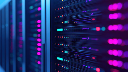 Futuristic Data Center with Colorful LED Lights and High-Tech Server Racks Highlighting Network Technologyの素材