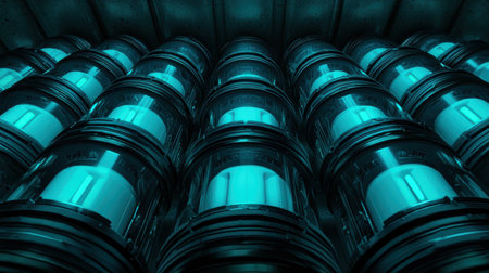 Futuristic Storage Tanks with Neon Blue Glow in a Sci-Fi Environmentの素材