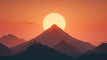 Majestic Sunrise Over Mountain Peaks with Vibrant Orange and Yellow Sky in Tranquil Scenic Landscapeの素材