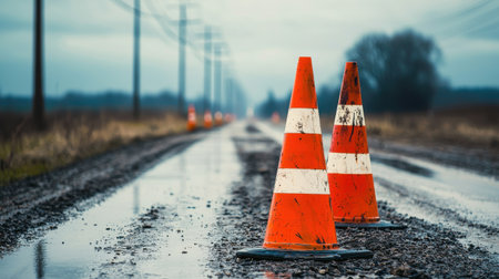 Orange Traffic Cones on Muddy Road with Reflective Stripes in Overcast Weather with Power Lines in Backgroundの素材