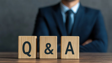 Business Professional with Q and A Wooden Blocks for Interview or Presentation on Corporate Communicationの素材
