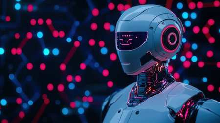 Futuristic Robot with Neon Lights Against Abstract Background in High-Tech Digital Environmentの素材
