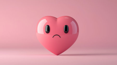 Pink glossy heart with sad expression on soft pink background, representing sadness and emotional feelingsの素材