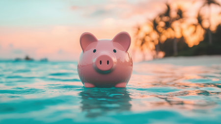 Pink Piggy Bank Floating in Calm Ocean Waters During Beautiful Sunset with Palm Trees in Backgroundの素材