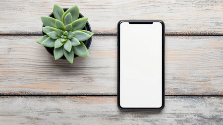 Modern Smartphone Displaying Empty Screen Next to Potted Succulent on Wooden Table Surfaceの素材