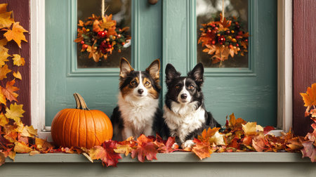 Two Adorable Dogs Sitting on a Porch Surrounded by Autumn Leaves and a Pumpkin Decorationの素材