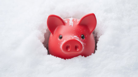 Red Piggy Bank Emerging from a Snowy Landscape in a Playful Winter Sceneの素材