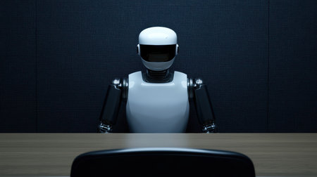 Humanoid Robot Sitting at a Table in an Enclosed Dark Room with Minimal Lighting Effectsの素材