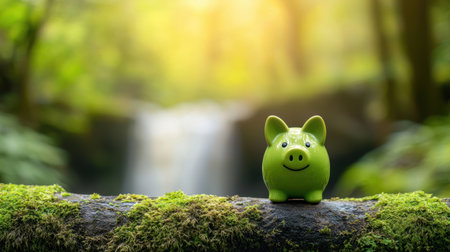 Green Piggy Bank on a Mossy Log with a Beautiful Nature Background and Soft Lightの素材