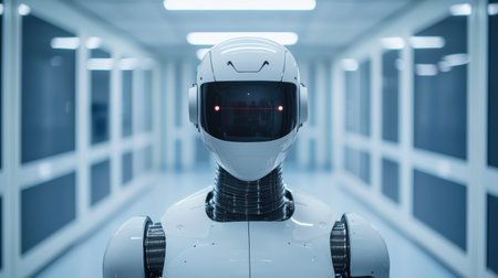 Futuristic humanoid robot standing in a modern corridor with illuminated ambient lightingの素材