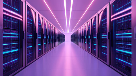Futuristic Data Center with Neon Lights and Advanced Server Racks Illuminated in Purple and Blue Tones, Showcasing High-Tech Infrastructure and Modern Designの素材