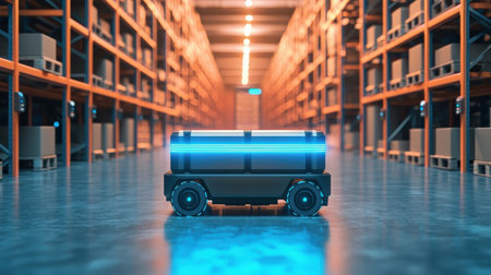 Futuristic warehouse with automated robot transport system carrying goods in a well-organized environment showcasing advanced logistics technologyの素材