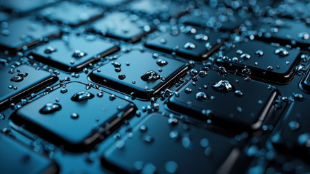 Close-up View of Keyboard Keys with Water Drops, Reflecting Light in a Dark Environment, Creating a Moody and Artistic Atmosphereの素材