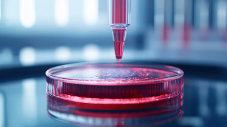 Close-Up of a Laboratory Pipette Dropping Red Liquid into a Petri Dish on a Reflective Surface in a Modern Scientific Environmentの素材