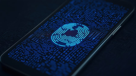 Digital fingerprint displayed on smartphone screen with vibrant blue lines against a dark background representing security technology and data protectionの素材