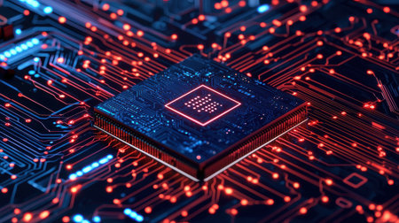 Close-Up of Microchip Surrounded by Colorful Circuit Board in a Computer Technology Background for Digital Innovations and Electronic Devicesの素材