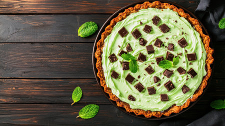 Mint Chocolate Dessert Pie with Fresh Mint Leaves on Rustic Wooden Table and Dark Background for Sweet Treats and Holiday Celebrationsの素材