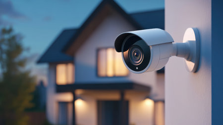 Security camera on wall of modern house exterior during evening with warm lighting and blurred background of home and trees providing a sense of safetyの素材