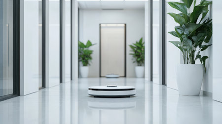 Modern Robotic Vacuum Cleaner in Sleek Office Environment with Minimalist Decor and Lush Greenery for Efficient Cleaning Solutionsの素材