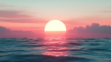 Serene Sunset Over Calm Ocean Waters with Soft Pastel Colors and Gentle Waves Reflecting Sunlight at Dusk Creating a Tranquil Atmosphereの素材