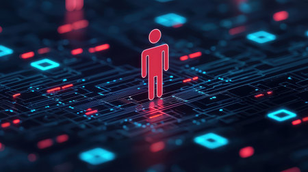 Digital Illustration of a Human Figure Standing in a Futuristic Virtual Space with Colorful Glowing Binary Code and Geometric Patternsの素材