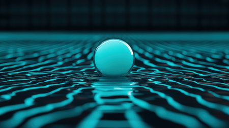 Futuristic Blue Sphere Floating on Rippling Surface Reflecting Modern Technology and Digital Aesthetics in a Dark Environmentの素材