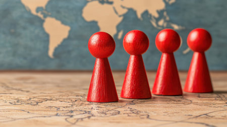 Group of Red Game Pieces Positioned on a World Map Symbolizing Global Strategy and Team Collaboration for Business Concepts and Travel Planningの素材
