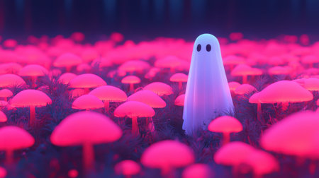 Enchanted forest scene with a white ghost figure surrounded by glowing pink mushrooms under a mystical twilight sky, evoking a surreal atmosphereの素材