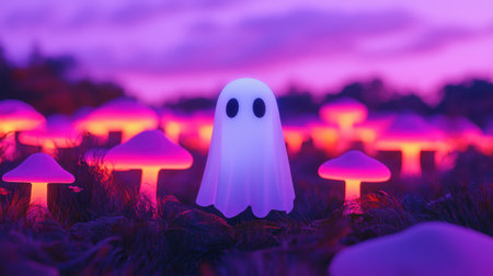 Ethereal Glow of Ghostly Presence Surrounded by Enchanting Mushrooms in a Mystical Fantasy Landscape at Twilightの素材