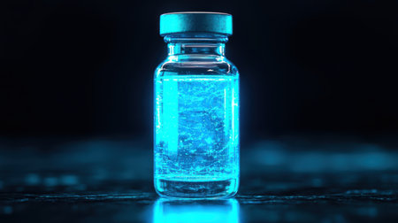Transparent glass vial filled with glowing blue liquid on a dark surface, symbolizing innovation and scientific discovery in modern laboratoriesの素材