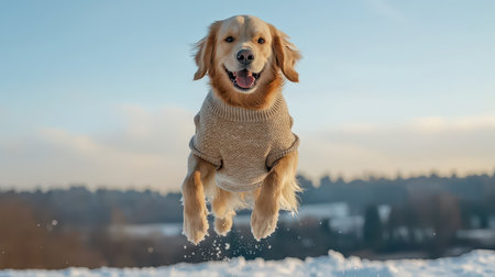Happy Golden Retriever Jumping in Snowy Landscape Wearing Sweater with Clear Blue Sky and Soft Sunlight in Background Ideal for Pet Lovers and Winter Activitiesの素材